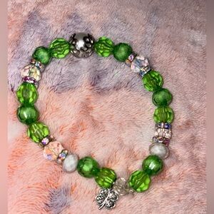 Green Beaded Bracelet with Clover Charm